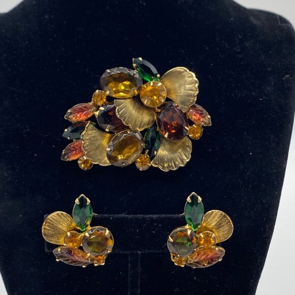 Juliana D&E Fall Watermelon Rhinestone Brooch Scalloped Lea Earrings Set - Picture 1 of 13